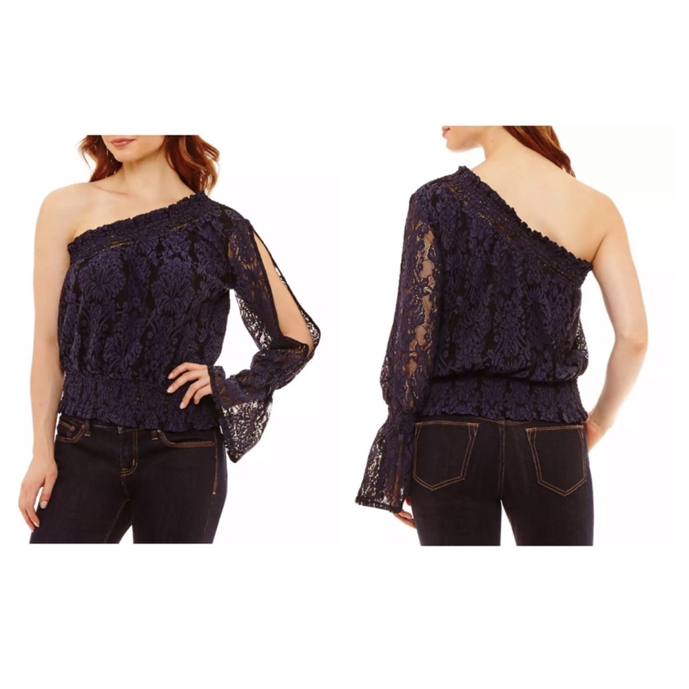 Bold Elements Medium One Shoulder Blue Lace Top